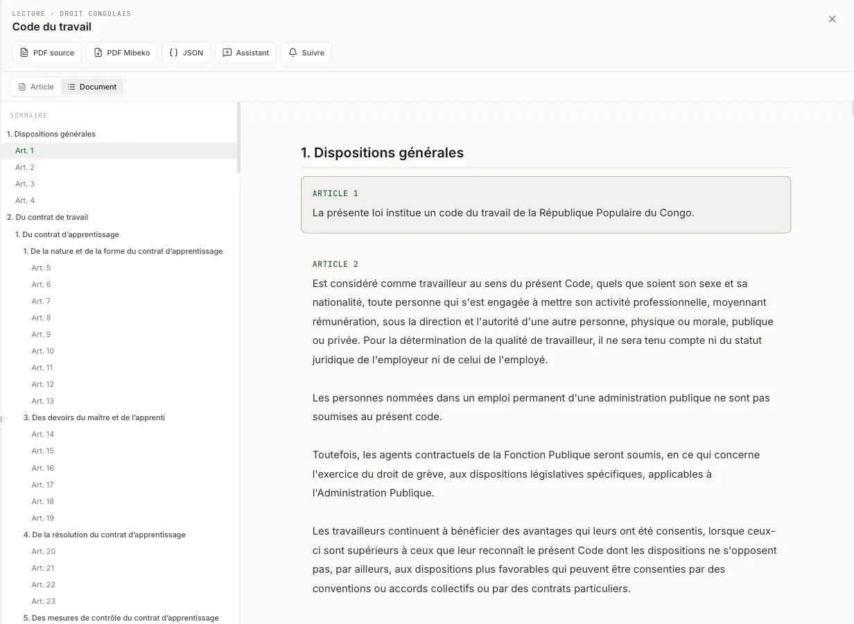 Capture de l'espace Mibeko : le Code du travail ouvert dans le lecteur, avec son sommaire à gauche, les articles 1 à 3 à droite et les boutons PDF source, PDF Mibeko, Assistant et Suivre.