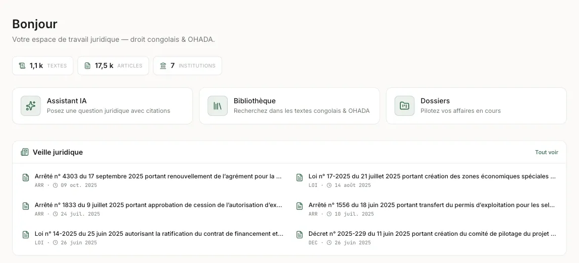 Capture de l'espace Mibeko : le tableau de bord, avec les compteurs du fonds, les accès à l'Assistant, à la bibliothèque et aux dossiers, et la veille des derniers textes publiés.